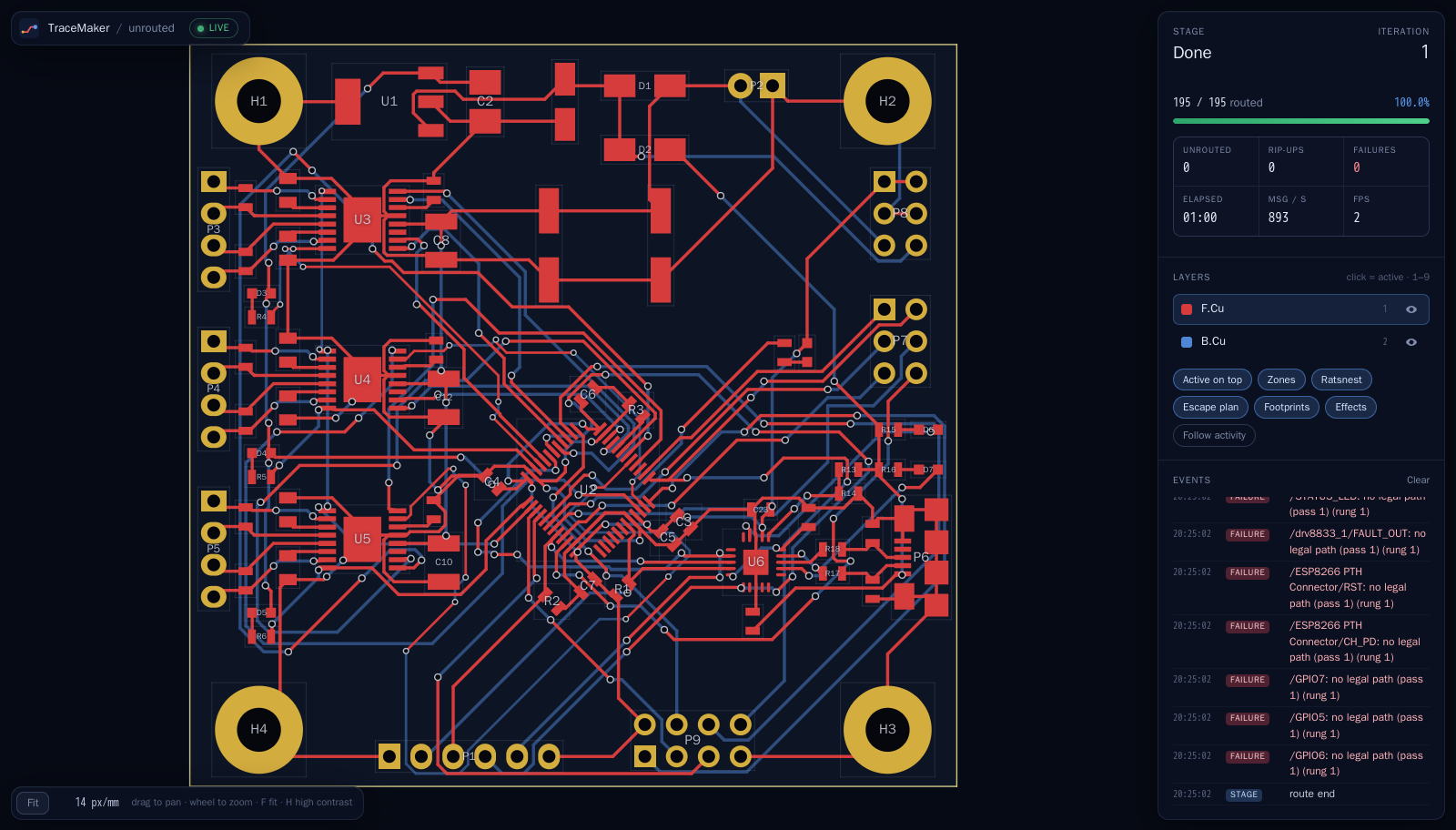 TraceMaker's live viewer after routing a motor-driver board: 195 of 195 connections