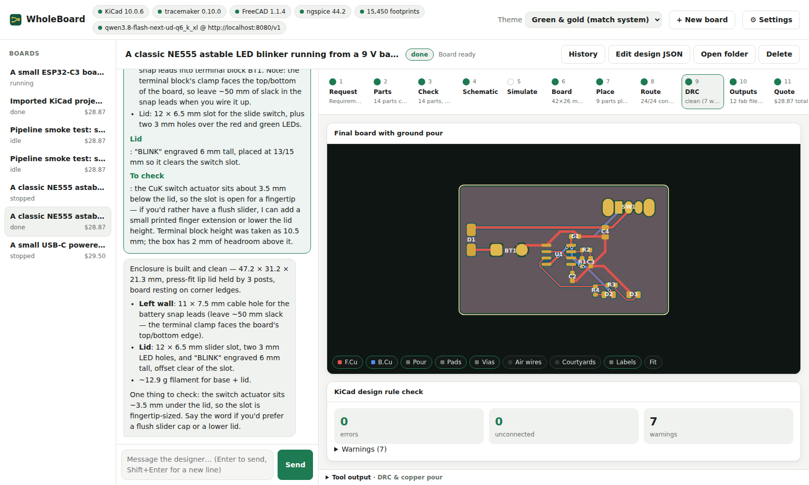 A finished board in WholeBoard: the designer's chat on the left, the routed board and KiCad DRC results on the right