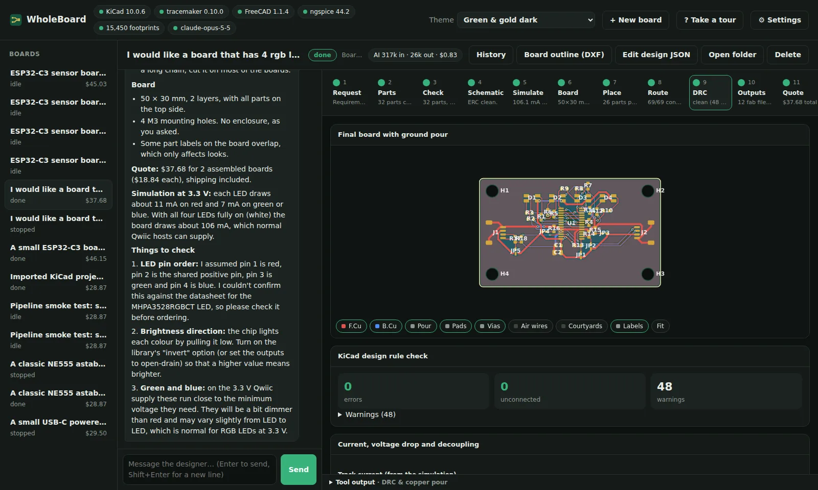 WholeBoard in the Green & gold dark theme