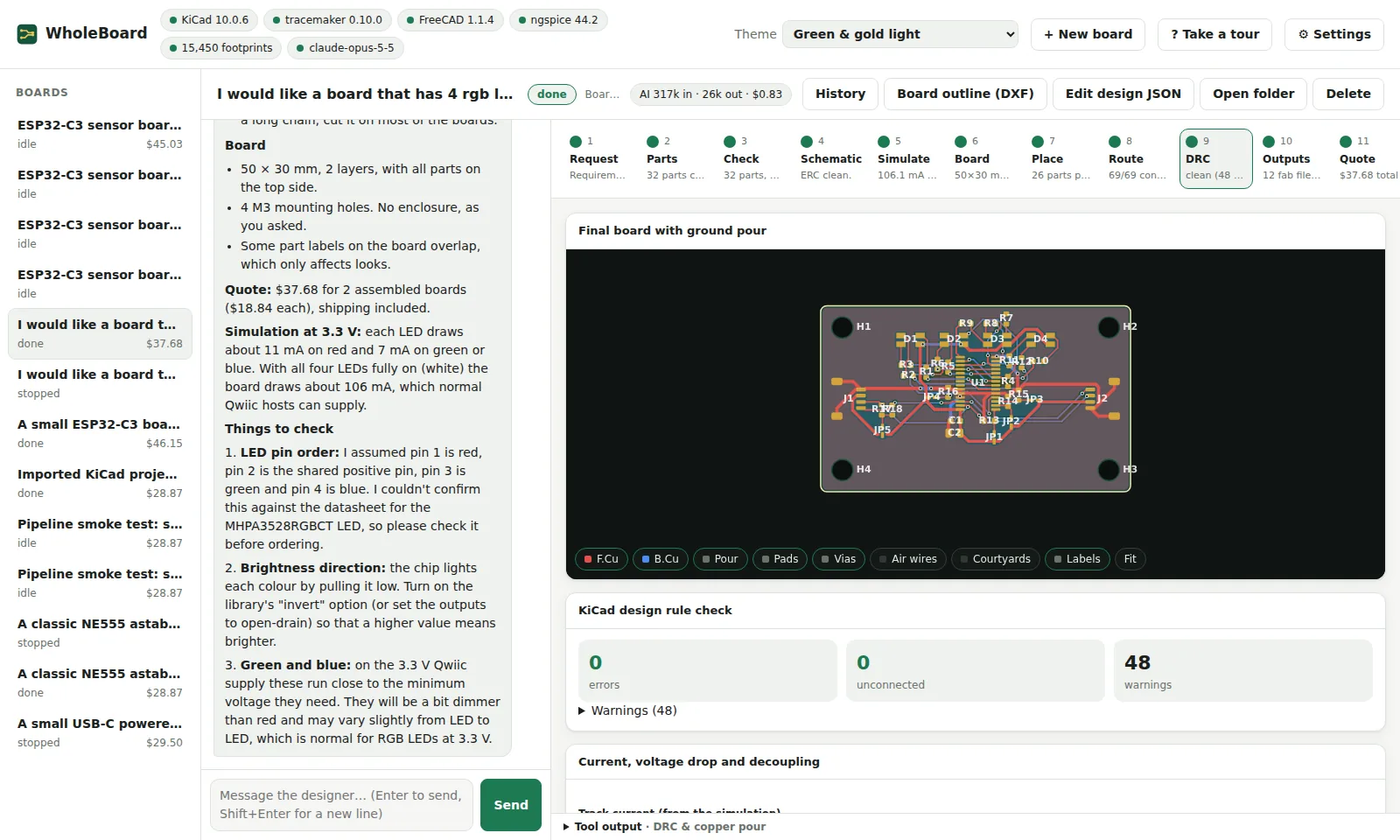 WholeBoard in the Green & gold light theme